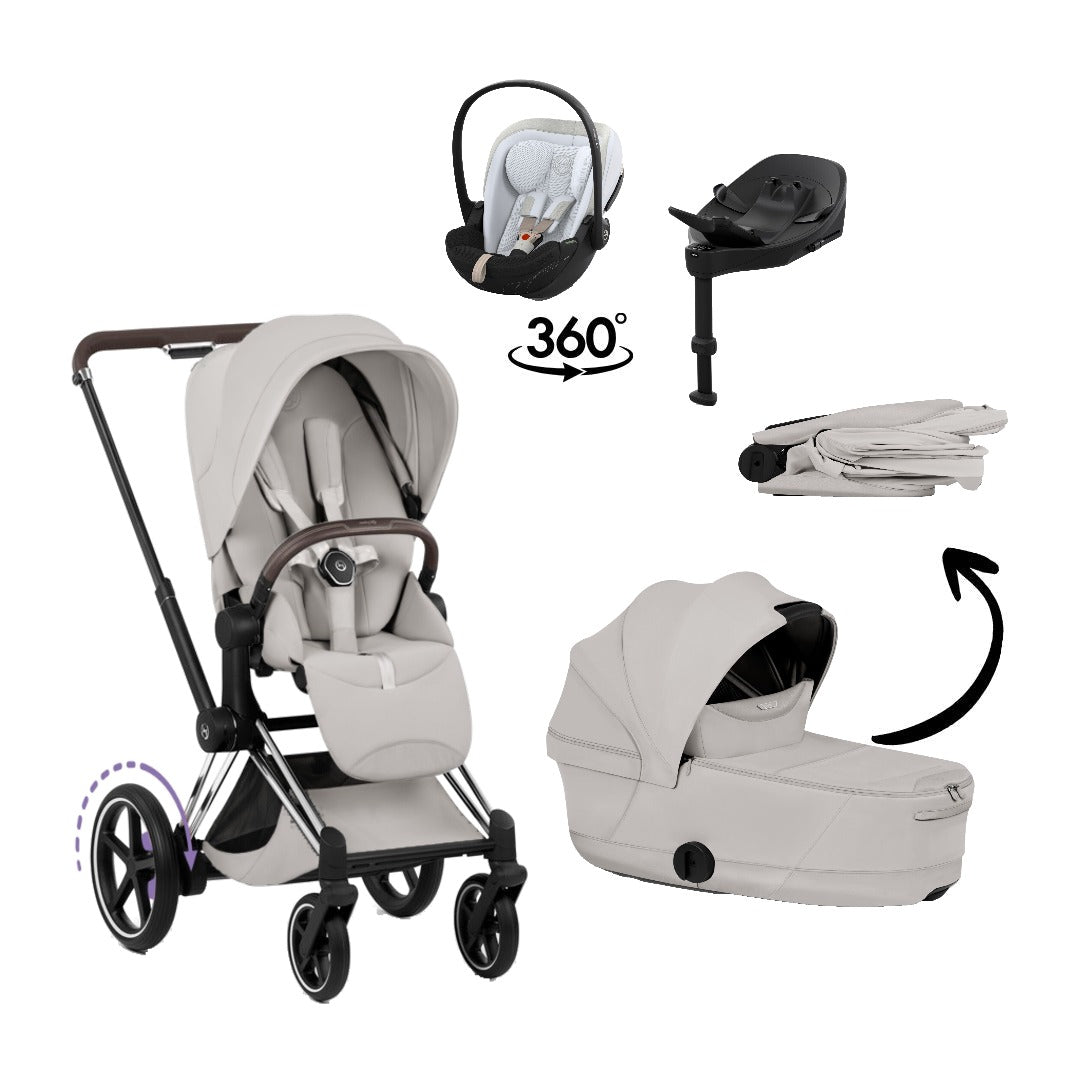 CYBEX e-Priam Style Chrome Brown City Grey 4in1 Bundle: Kinderwagen, faltbare Babywanne, Babyschale Cloud S Style Misty Grey und Base S