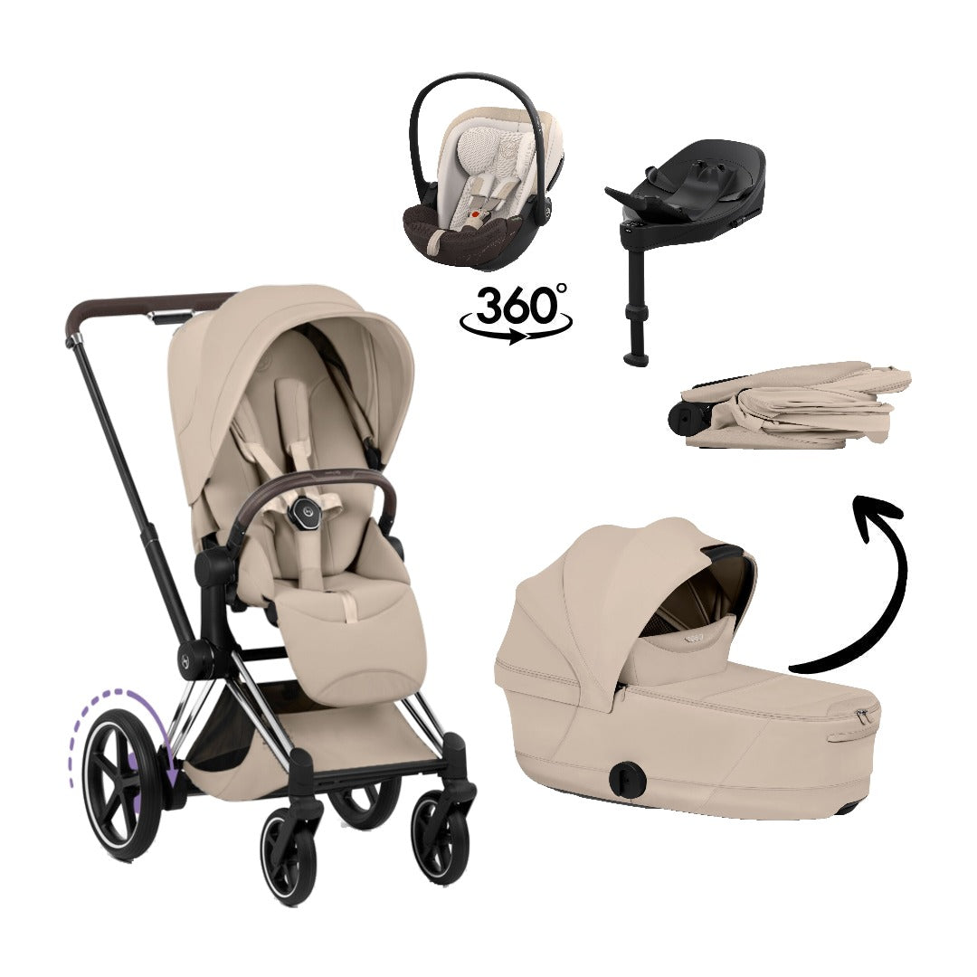 CYBEX e-Priam Style Chrome Brown Cozy Beige 4in1 Bundle: Kinderwagen, faltbare Babywanne, Babyschale Cloud S Style Amber Brown und Base S