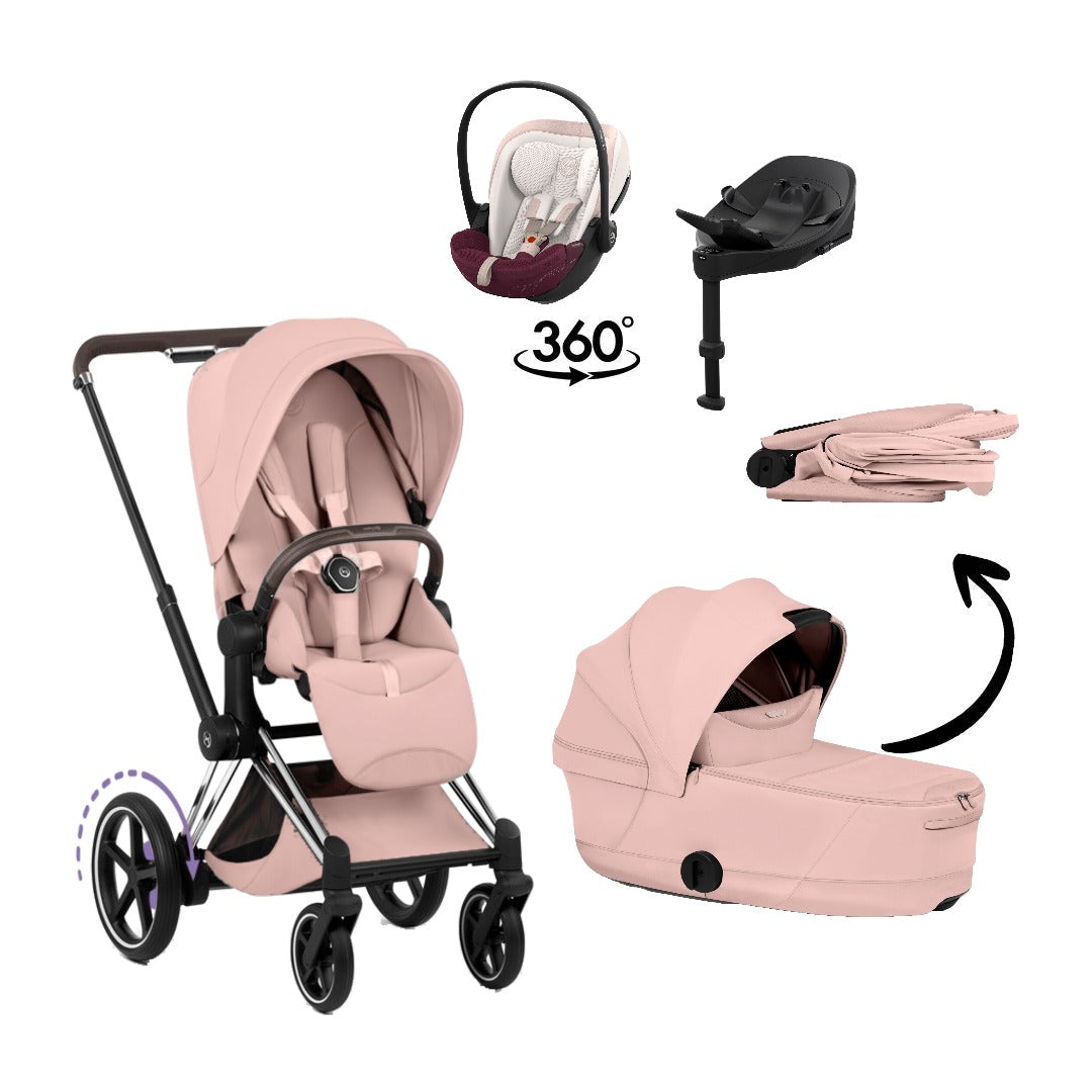 CYBEX e-Priam Style Chrome Brown Peach Pink 4in1 Bundle: Kinderwagen, faltbare Babywanne, Babyschale Cloud S Style Quartz Pink und Base S