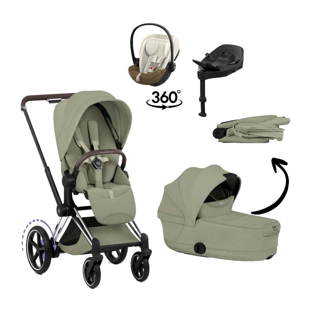 CYBEX e-Priam Style Chrome Brown Sage Green 4in1 Bundle: Kinderwagen, faltbare Babywanne, Babyschale Cloud S Style Jade Green und Base S