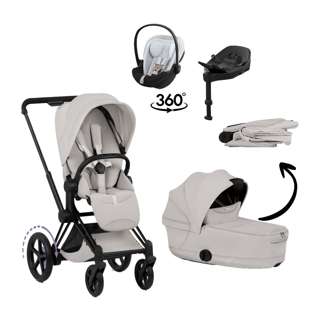 CYBEX e-Priam Style Matt Black City Grey 4in1 Bundle: Kinderwagen, faltbare Babywanne, Babyschale Cloud S Style Misty Grey und Base S