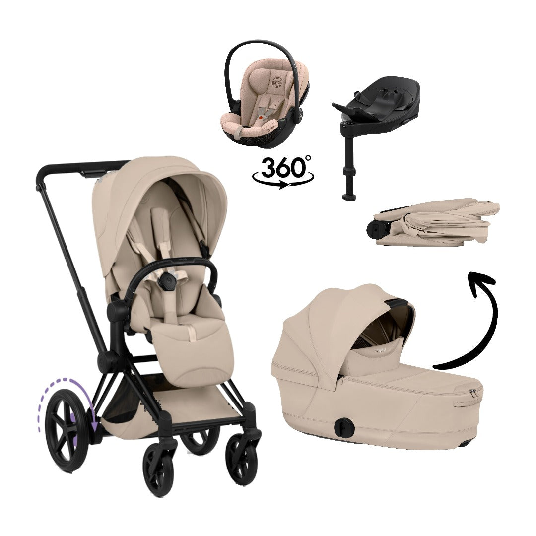 CYBEX e-Priam Style Matt Black Cozy Beige 4in1 Bundle: Kinderwagen, faltbare Babywanne, Babyschale Cloud S Comfort Cozy Beige und Base S