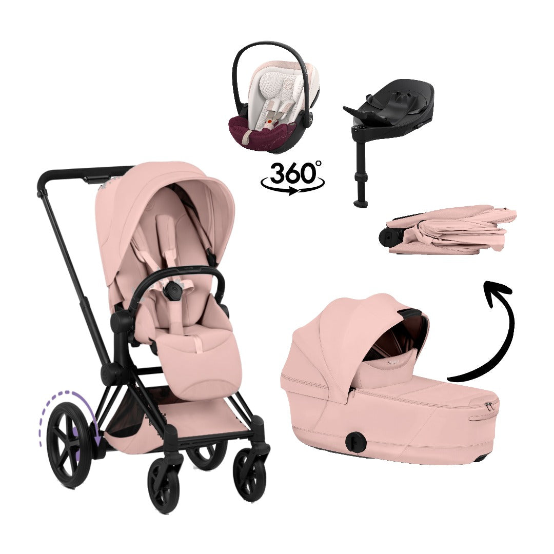 CYBEX e-Priam Style Matt Black Peach Pink 4in1 Bundle: Kinderwagen, faltbare Babywanne, Babyschale Cloud S Style Quartz Pink und Base S