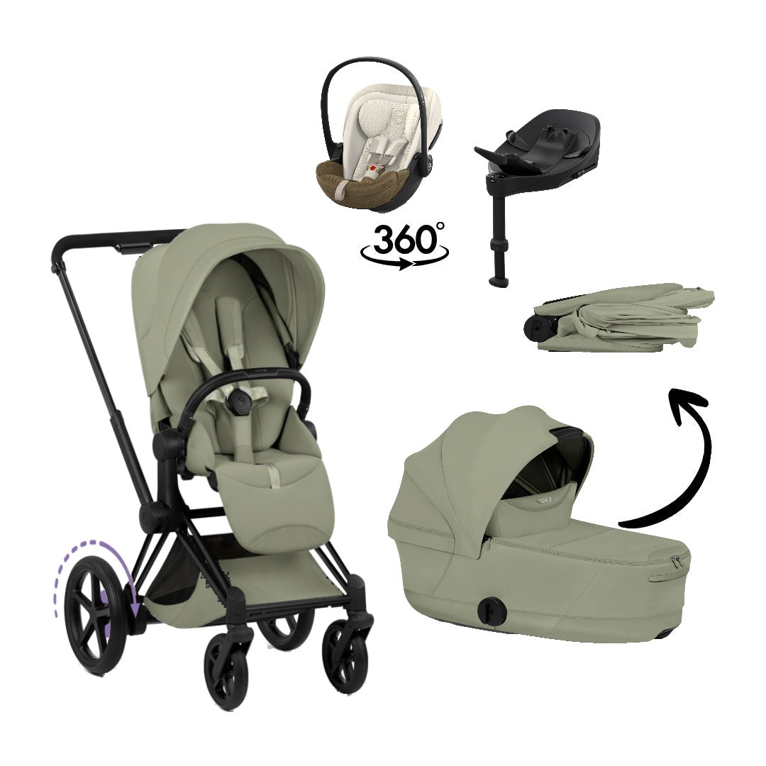 CYBEX e-Priam Style Matt Black Sage Green 4in1 Bundle: Kinderwagen, faltbare Babywanne, Babyschale Cloud S Style Jade Green und Base S