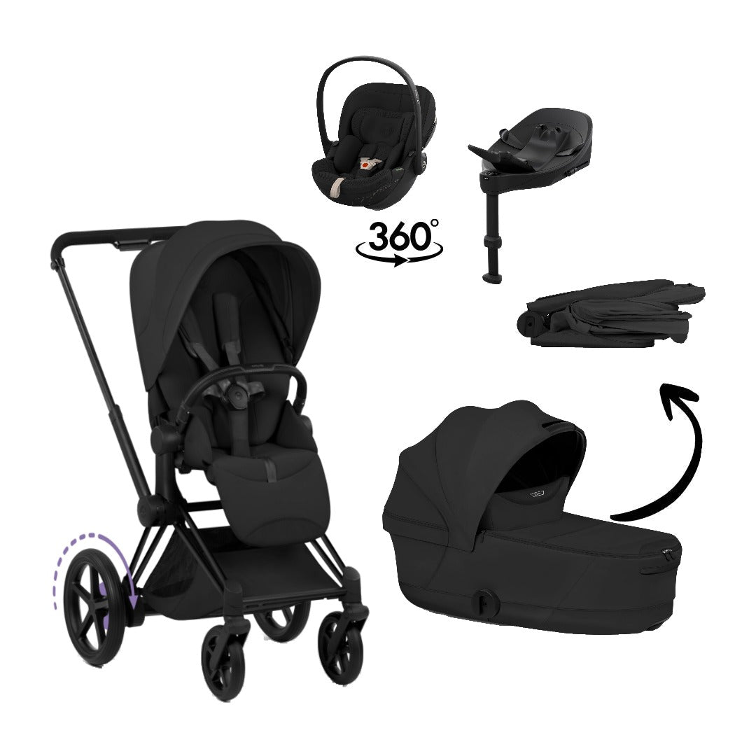 CYBEX e-Priam Style Matt Black Sepia Black 4in1 Bundle: Kinderwagen, faltbare Babywanne, Babyschale Cloud S Style Sepia Black und Base S