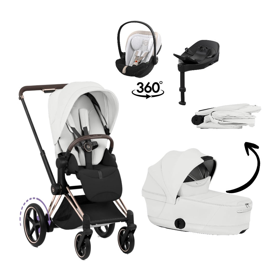 CYBEX e-Priam Style Rosegold Off White 4in1 Bundle: Kinderwagen, faltbare Babywanne, Babyschale Cloud S Style Off White und Base S