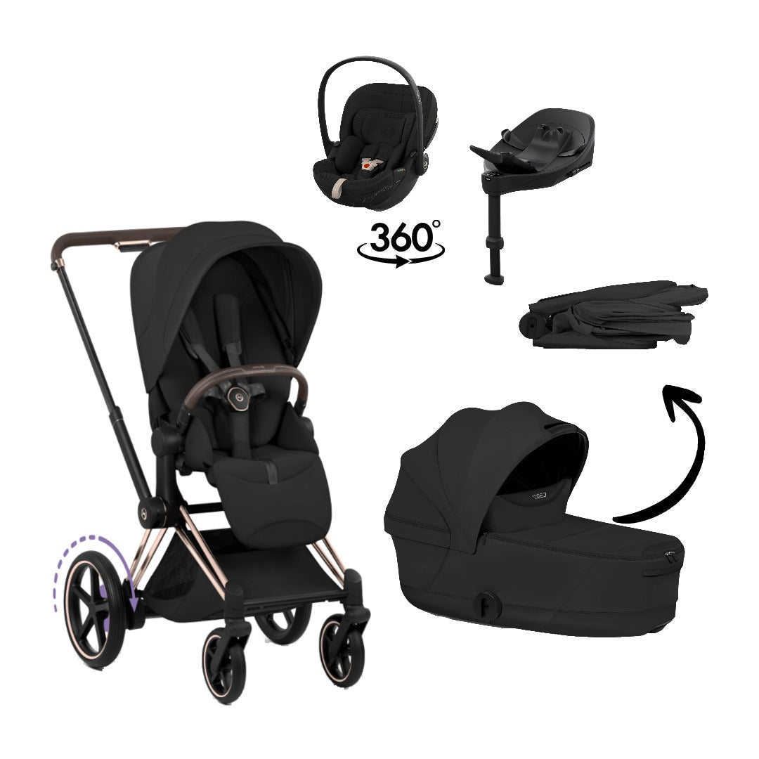 CYBEX e-Priam Style Rosegold Sepia Black 4in1 Bundle: Kinderwagen, faltbare Babywanne, Babyschale Cloud S Style Sepia Black und Base S