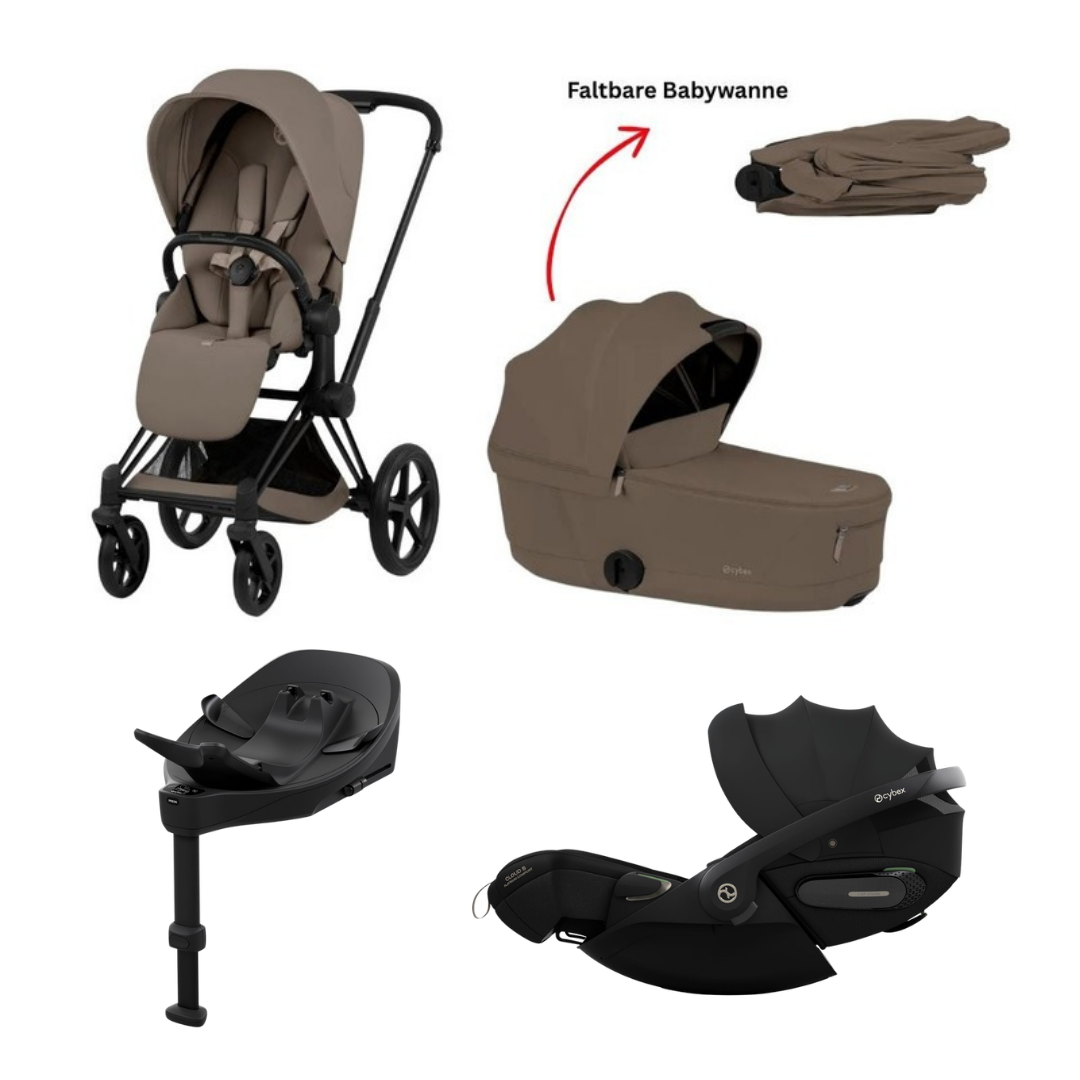 CYBEX Priam Comfort Matt Black Coconut Brown 4in1 Bundle mit faltbarer Babywanne, Cloud S i-Size Sepia Black und Base S