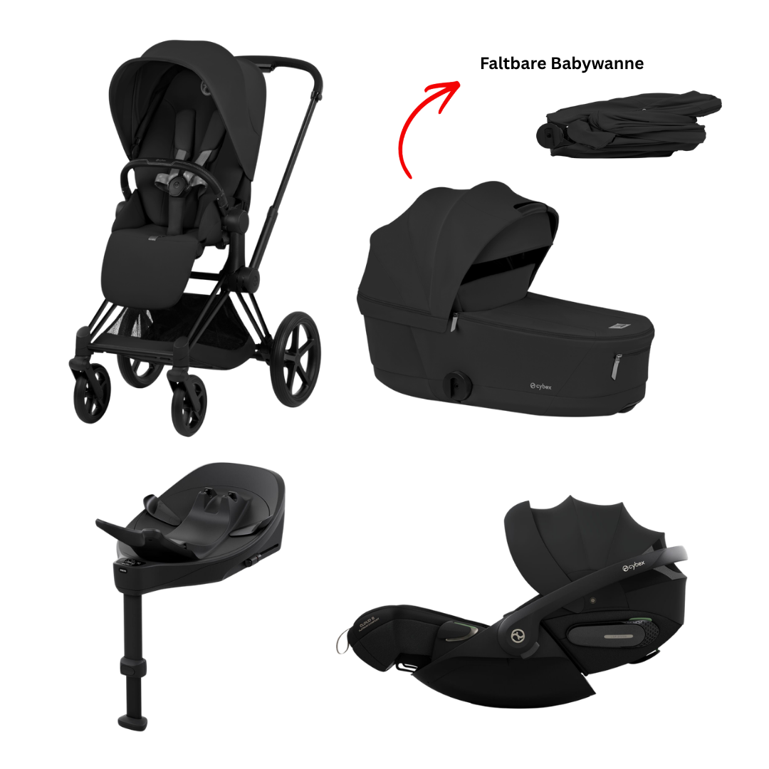CYBEX Priam Comfort Matt Black Sepia Black 4in1 Bundle mit faltbarer Babywanne, Cloud S i-Size und Base S