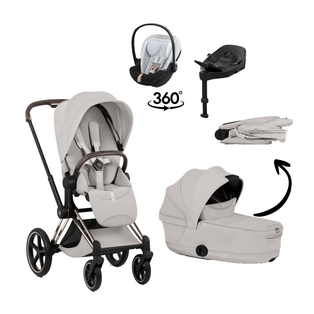 CYBEX Priam Style Champagne Gold City Grey 4in1 Bundle: Kinderwagen, faltbare Babywanne, Babyschale Cloud S Style Misty Grey und Base S