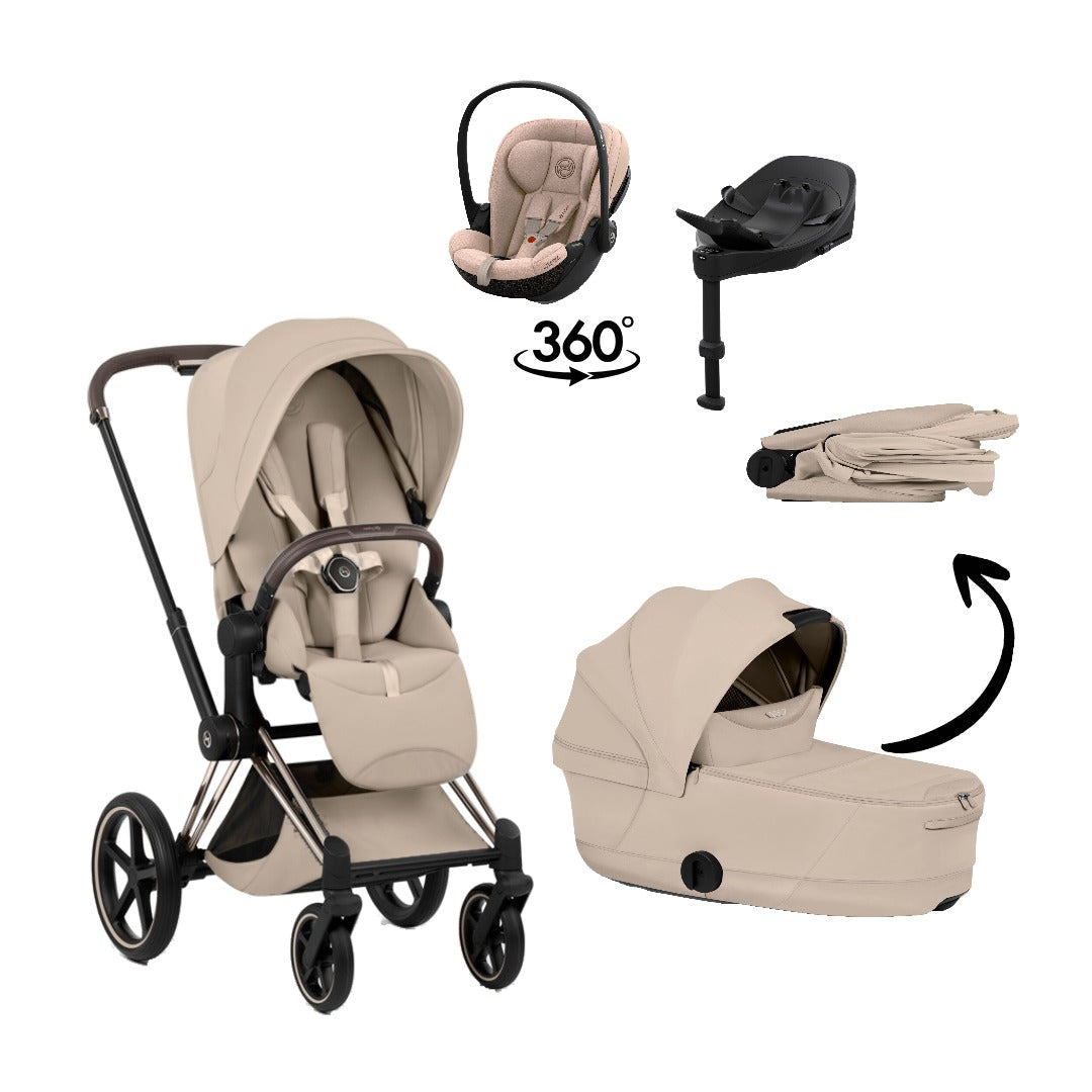 CYBEX Priam Style Champagne Gold Cozy Beige 4in1 Bundle: Kinderwagen, faltbare Babywanne, Babyschale Cloud S Comfort Cozy Beige und Base S