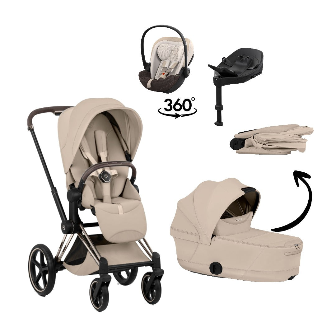 CYBEX Priam Style Champagne Gold Cozy Beige 4in1 Bundle: Kinderwagen, faltbare Babywanne, Babyschale Cloud S Style Amber Brown und Base S