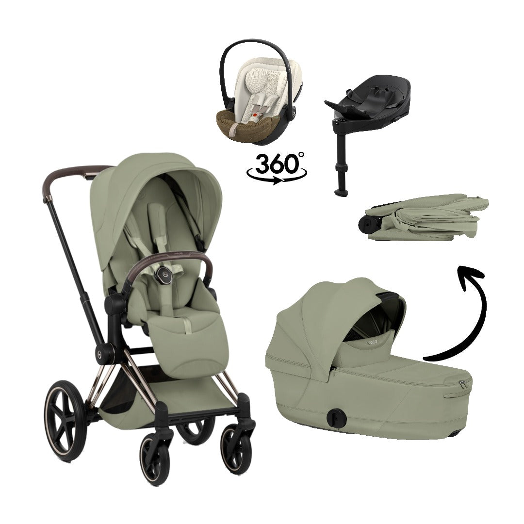 CYBEX Priam Style Champagne Gold Sage Green 4in1 Bundle: Kinderwagen, faltbare Babywanne, Babyschale Cloud S Style Jade Green und Base S