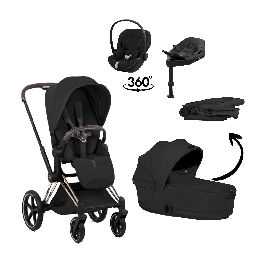 CYBEX Priam Style Champagne Gold Sepia Black 4in1 Bundle: Kinderwagen, faltbare Babywanne, Babyschale Cloud S Style Sepia Black und Base S