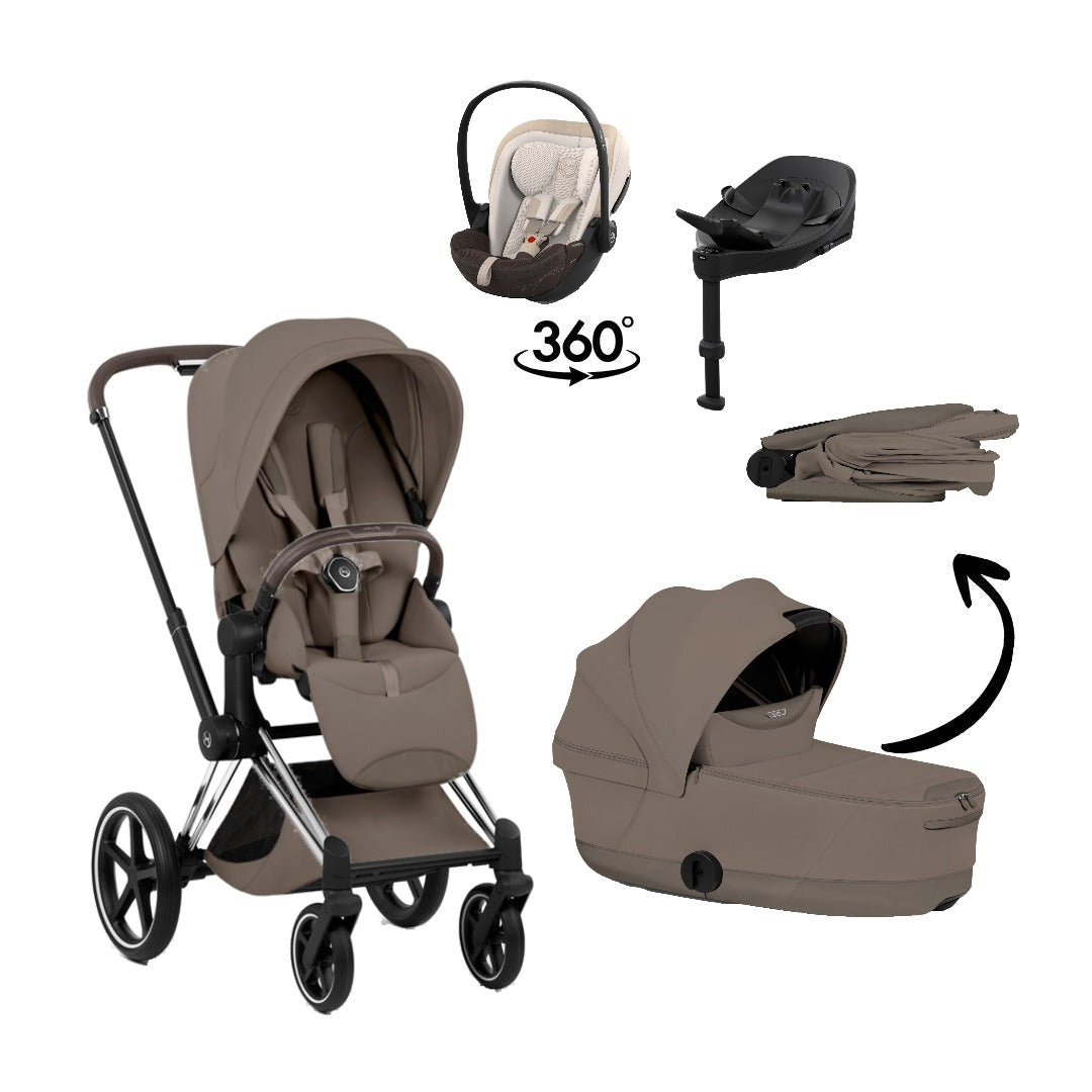 CYBEX Priam Style Chrome Brown Coconut Brown 4in1 Bundle: Kinderwagen, faltbare Babywanne, Babyschale Cloud S Style Amber Brown und Base S
