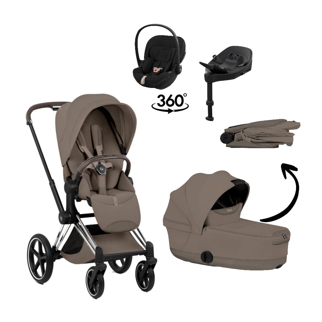 CYBEX Priam Style Chrome Brown Coconut Brown 4in1 Bundle: Kinderwagen, faltbare Babywanne, Babyschale Cloud S Style Sepia Black und Base S