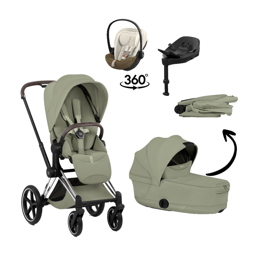 CYBEX Priam Style Chrome Brown Sage Green 4in1 Bundle: Kinderwagen, faltbare Babywanne, Babyschale Cloud S Style Jade Green und Base S