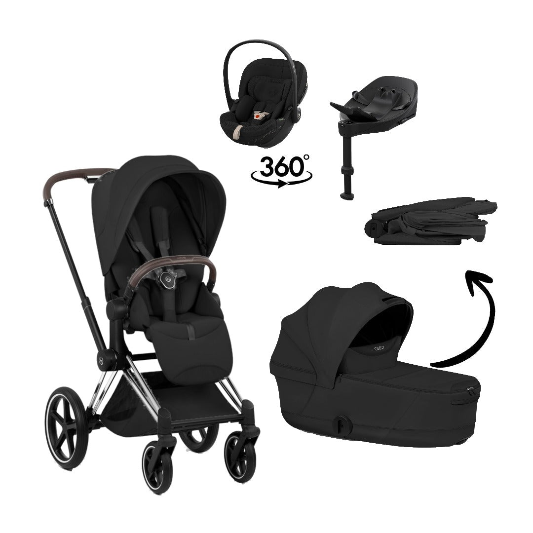 CYBEX Priam Style Chrome Brown Sepia Black 4in1 Bundle: Kinderwagen, faltbare Babywanne, Babyschale Cloud S Style Sepia Black und Base S