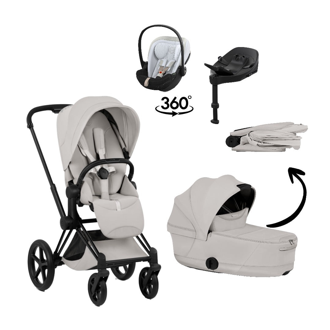CYBEX Priam Style Matt Black City Grey 4in1 Bundle: Kinderwagen, faltbare Babywanne, Babyschale Cloud S Style Misty Grey und Base S