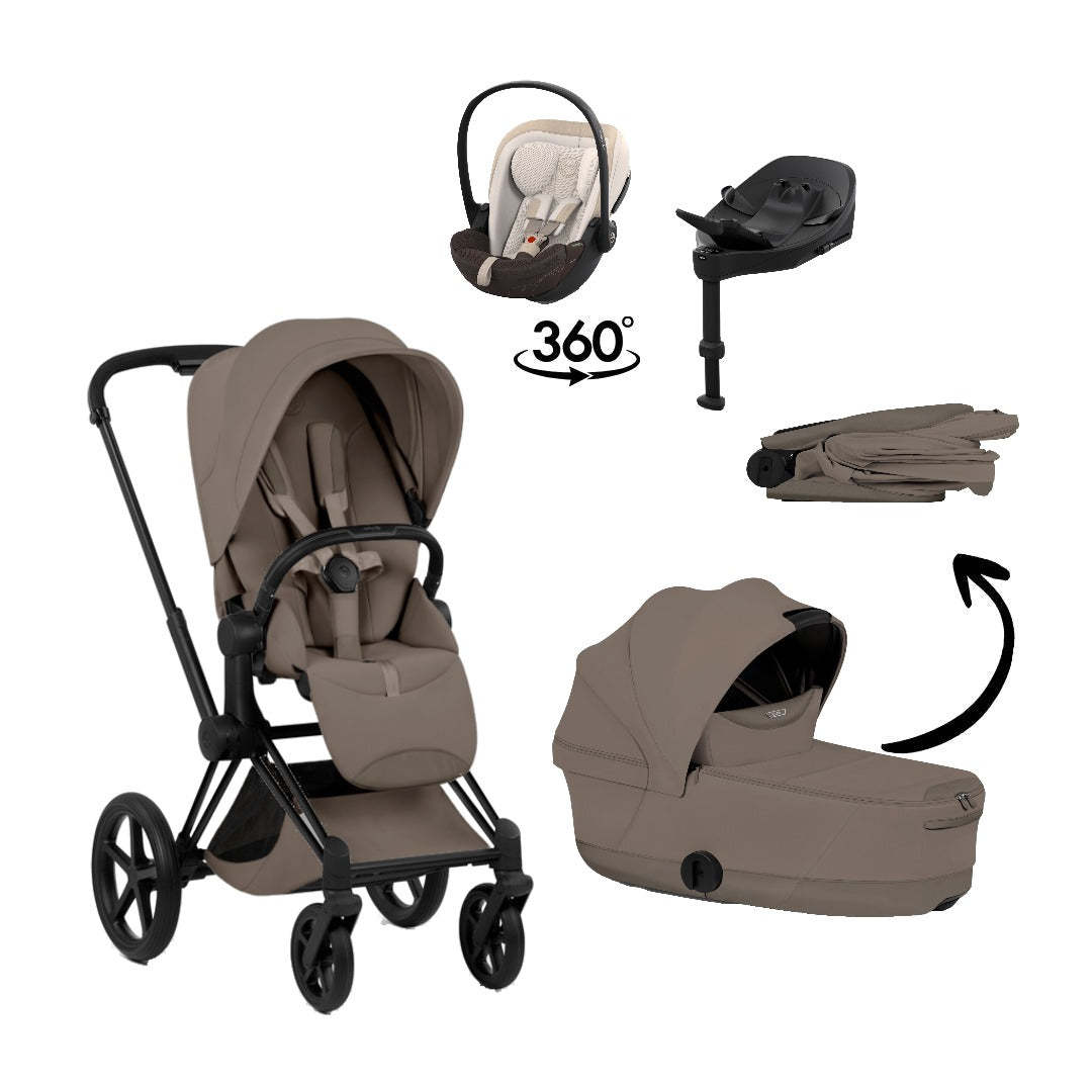 CYBEX Priam Style Matt Black Coconut Brown 4in1 Bundle: Kinderwagen, faltbare Babywanne, Babyschale Cloud S Style Amber Brown und Base S