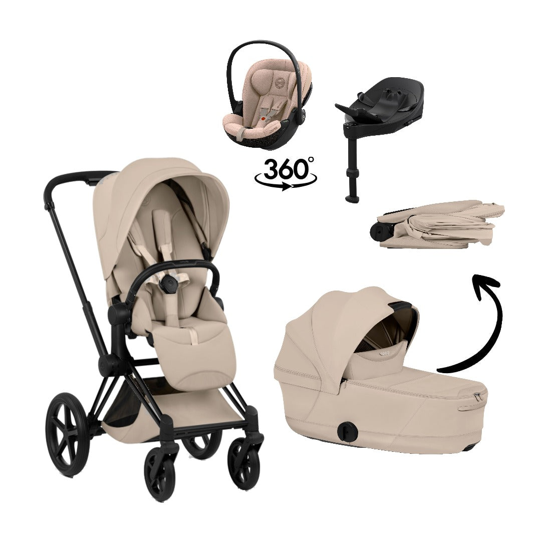 CYBEX Priam Style Matt Black Cozy Beige 4in1 Bundle: Kinderwagen, faltbare Babywanne, Babyschale Cloud S Comfort Cozy Beige und Base S