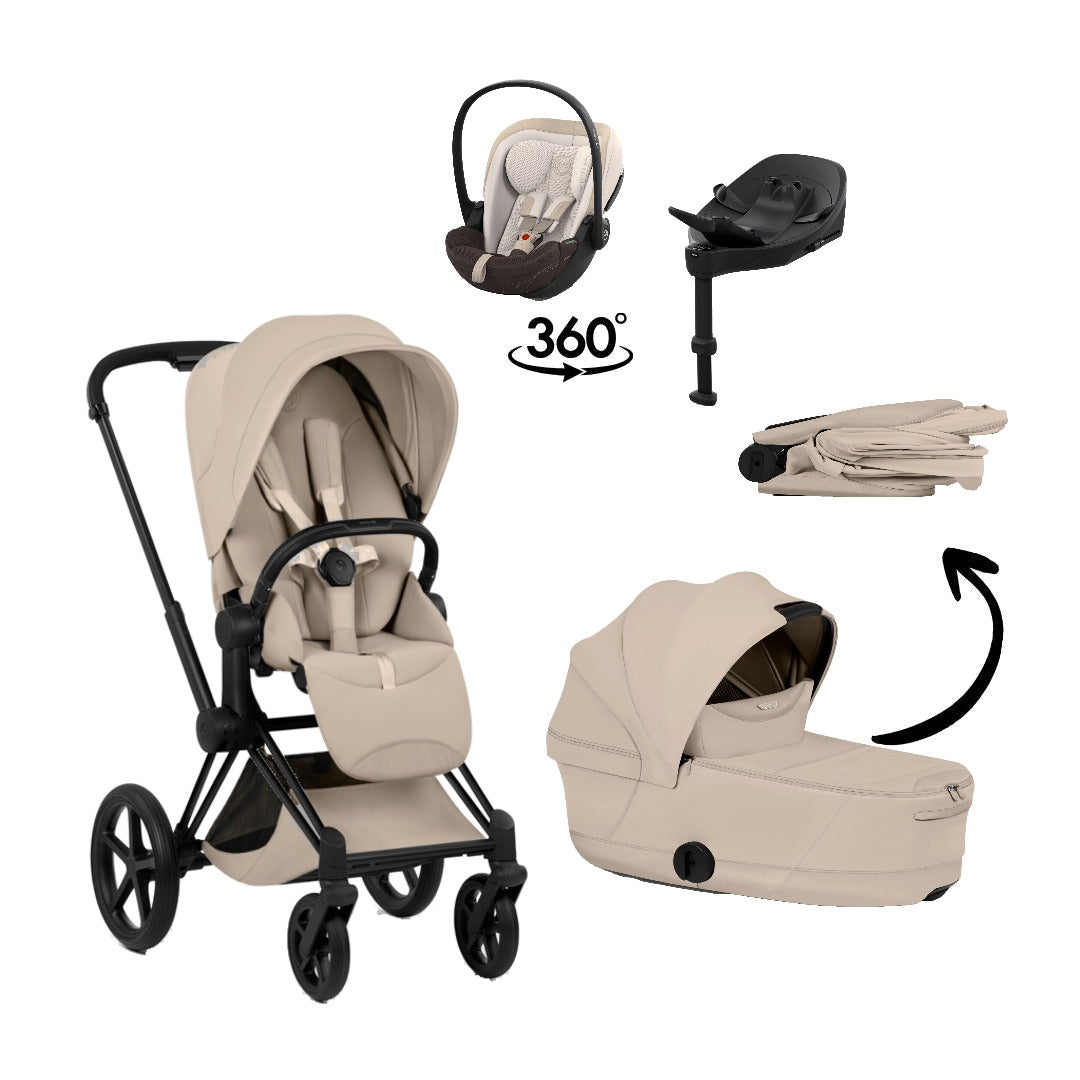 CYBEX Priam Style Matt Black Cozy Beige 4in1 Bundle: Kinderwagen, faltbare Babywanne, Babyschale Cloud S Style Amber Brown und Base S