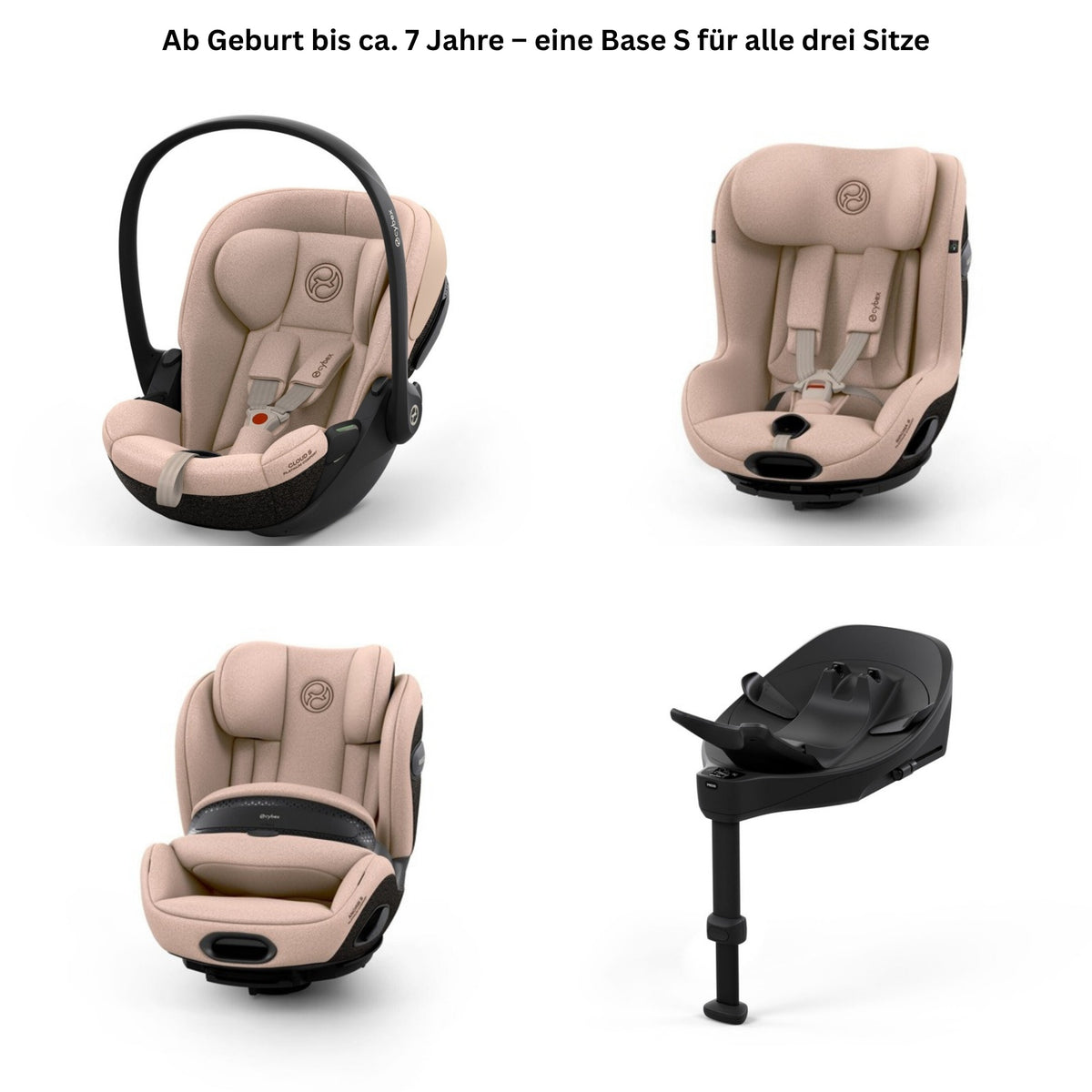 CYBEX S-Line Autositz-Set Comfort Cozy Beige – Gesamtbild mit Cloud S i-Size, Sirona S, Anoris S Airbag und Base S