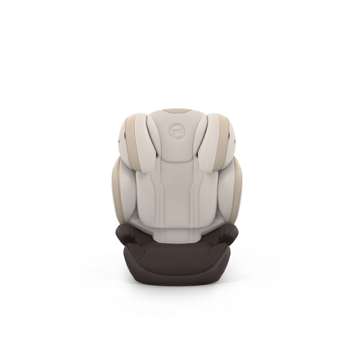 CYBEX Solution S Style Amber Brown – Vorderansicht mit tief eingestellter Kopfstütze