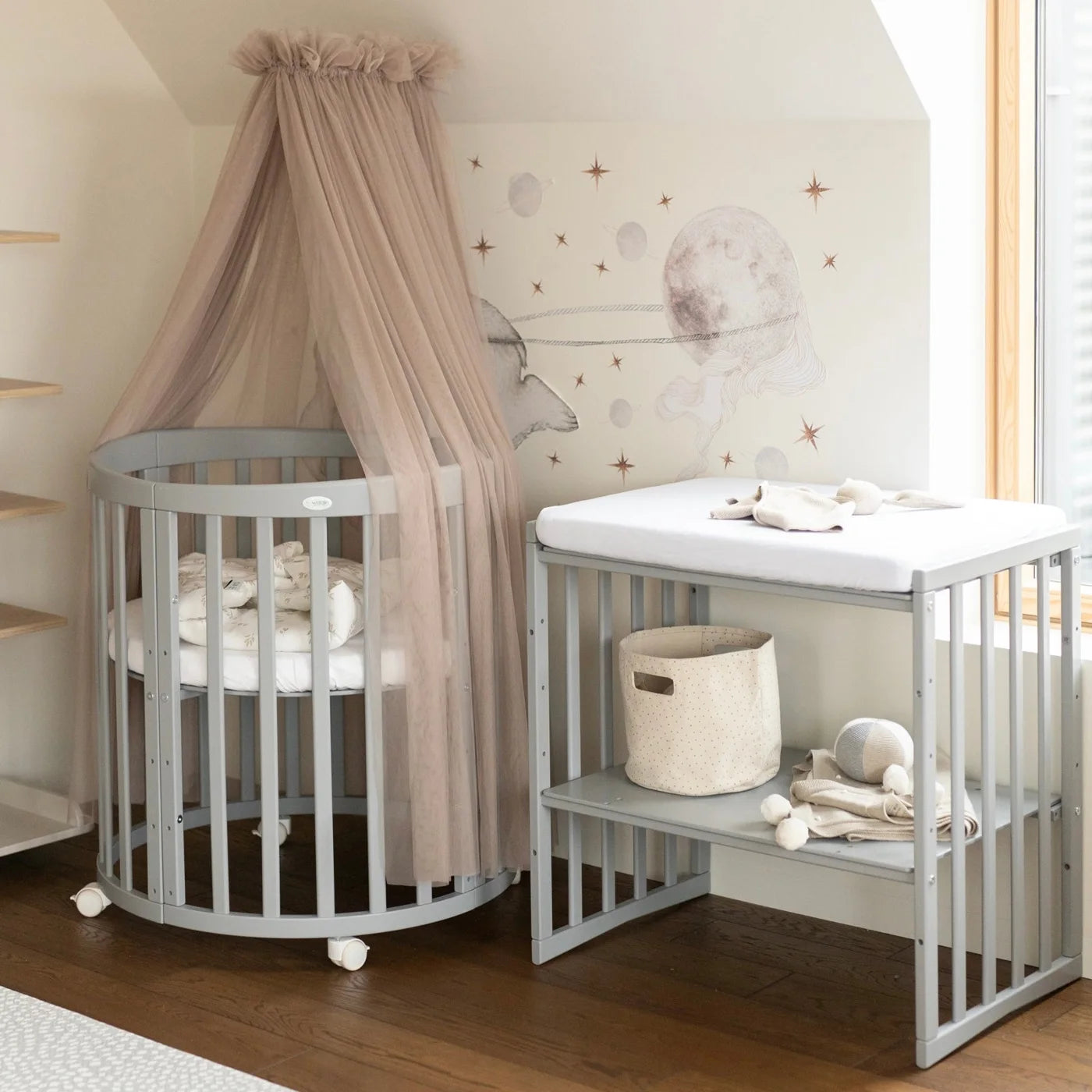 7in1 Babybett Oval Grau – inkl. Matratze