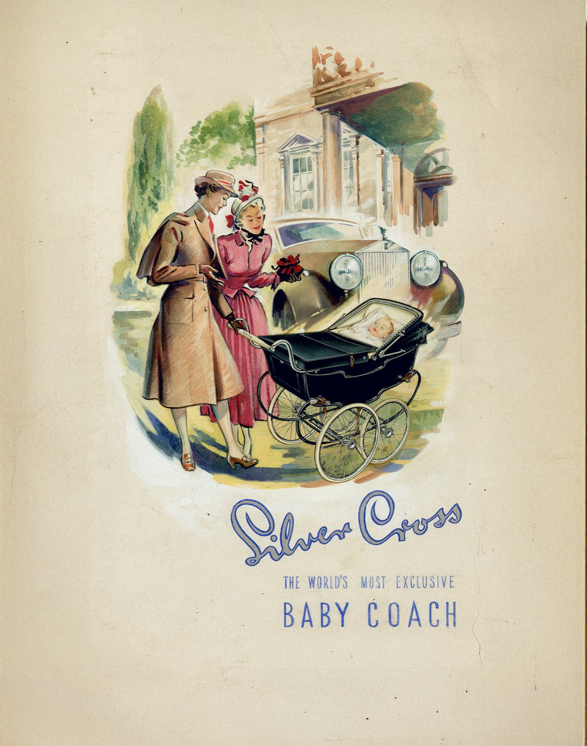Historisches Silver-Cross-Plakat mit Kinderwagen und Rolls-Royce